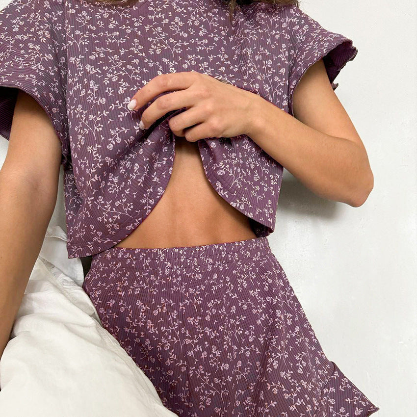 Dame afslappende Top- og shorts-sæt med legende blomsterprint og voluminøse ærmer Stilla