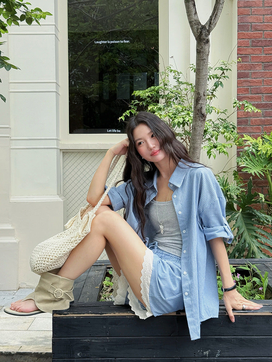 Dame afslappet kortærmet skjorte og shorts sæt med spidse accenter Stilla