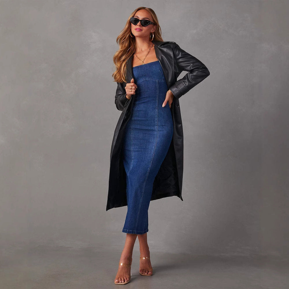 Dame Denim-maxikjole med smalt snit og firkantet udskæring Stilla