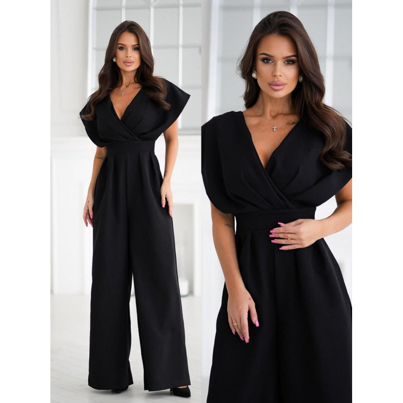 Elegant dame-jumpsuit med brede ben og draperede ærmer Stilla