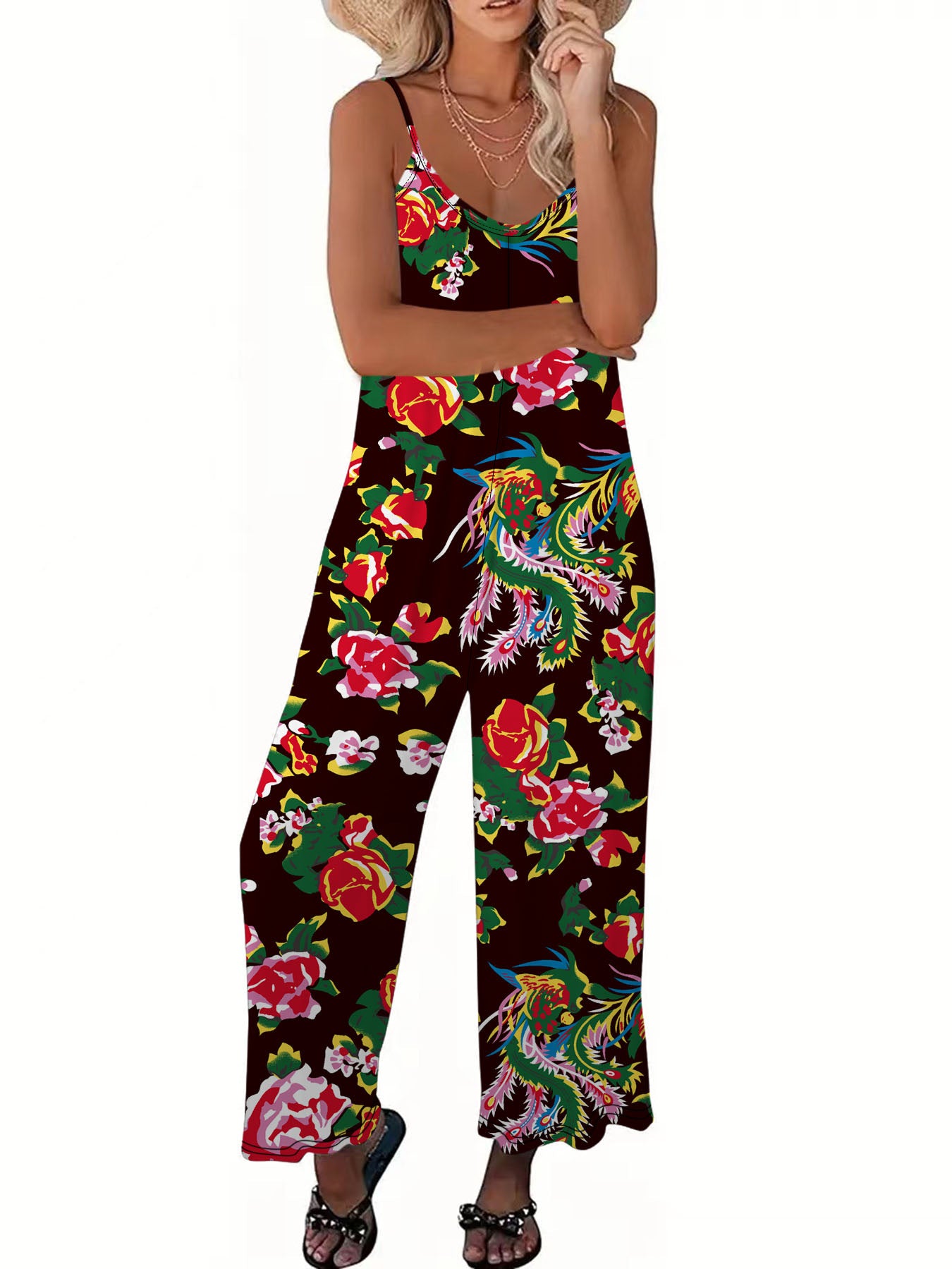 Dame Luftig Jumpsuit med Blomsterprint og Vide Ben Stilla