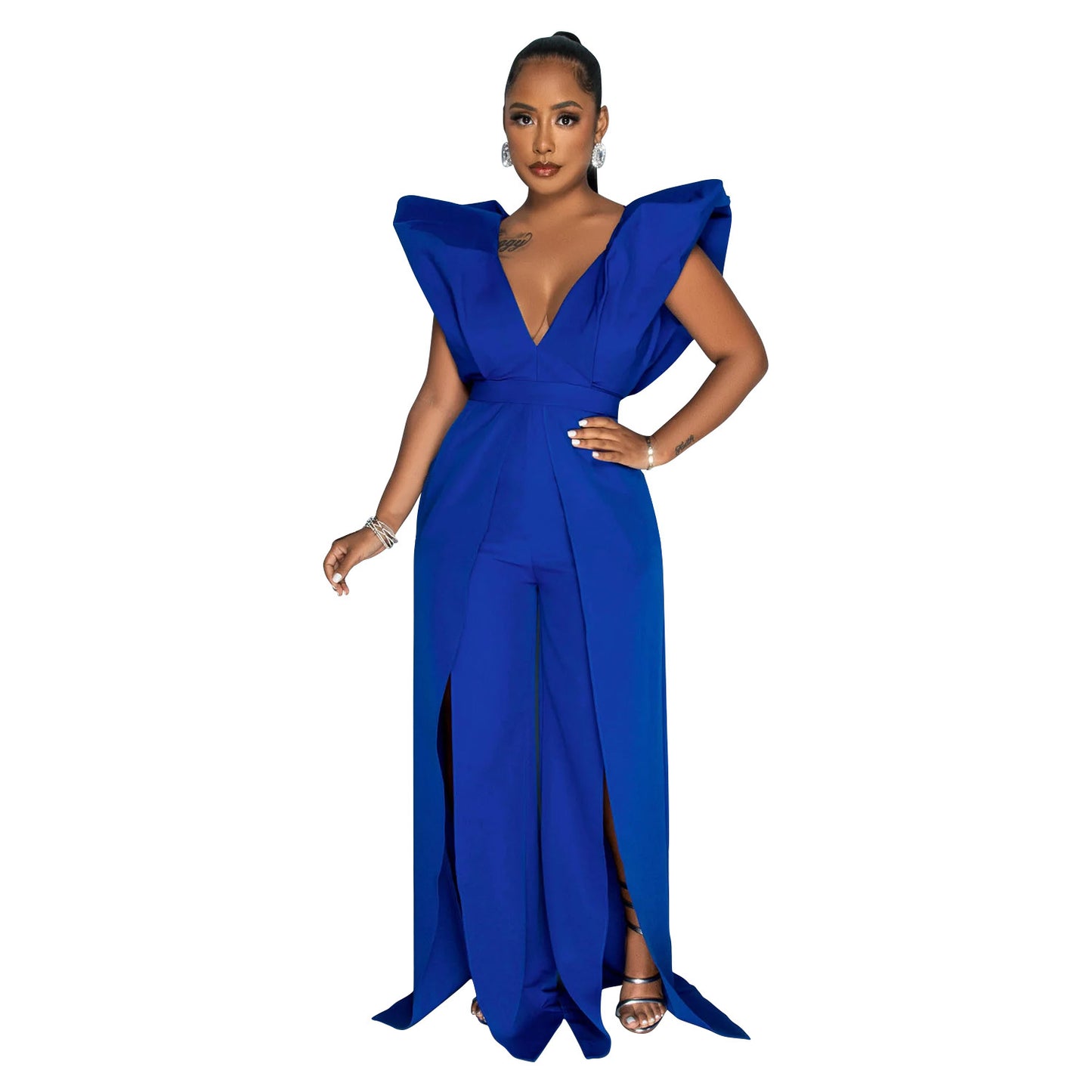 Dame Elegant Jumpsuit med Flæseærmer og dyb Udsnit Stilla