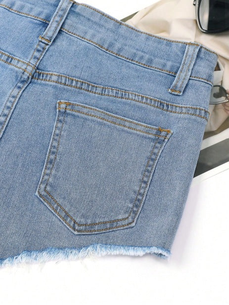 Dame Denim-shorts med snøredetalje og frynset søm Stilla