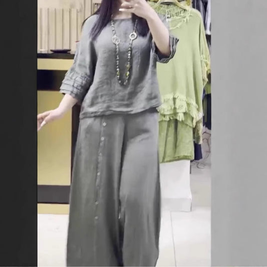 Dame afslappet linned sæt med løsskåret overdel og palazzo bukser Stiila