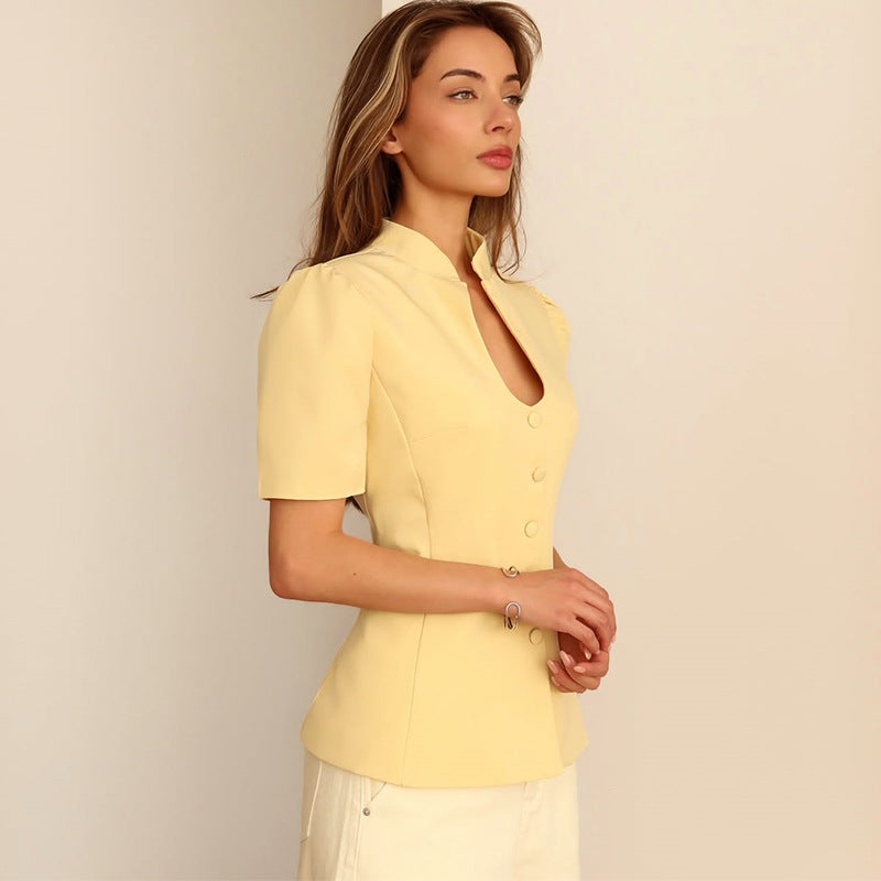 Dame elegant bluse med kort ærme og ståkrave Stilla