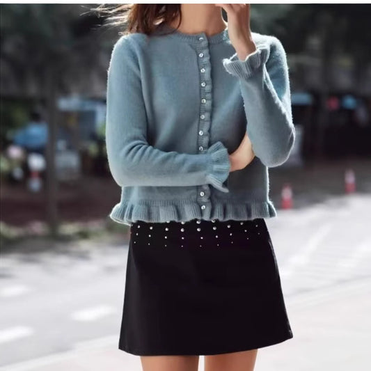 Femme Rüschensaum Knaplukning Cardigan Stilla