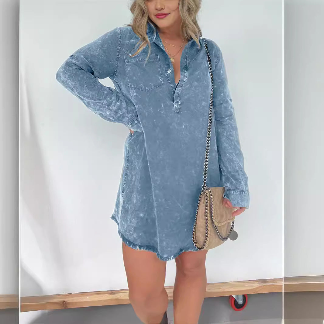 Dame Denim-langærmet kjole med struktureret fløjl-design og knapbar liste Stilla