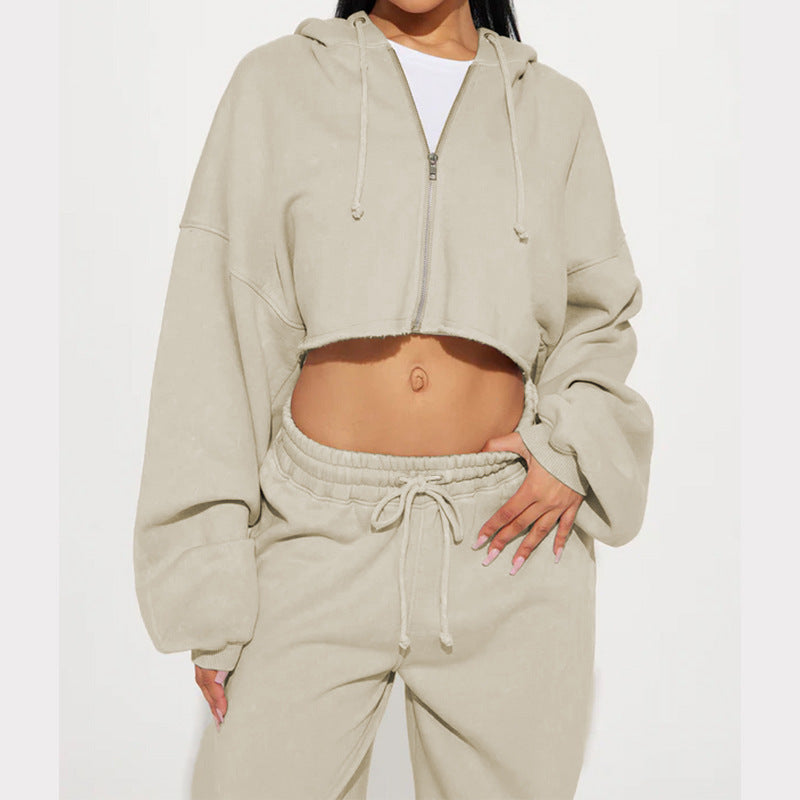 Dame afslappet oversized cropped sæt med lynlås og brede ben Stilla