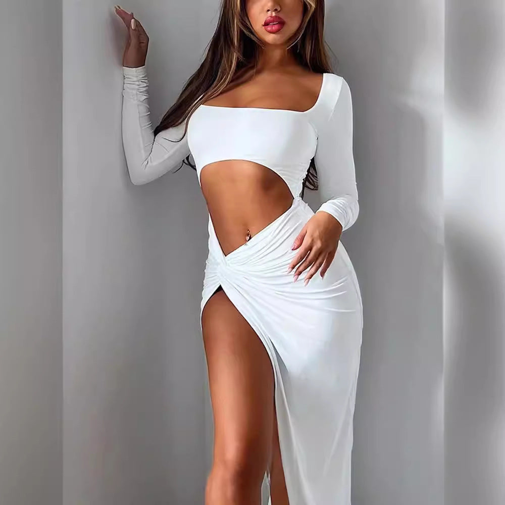 Dame Cut-Out Langærmet Kjole med højt Slids og elegant Vikkedetalje Stilla