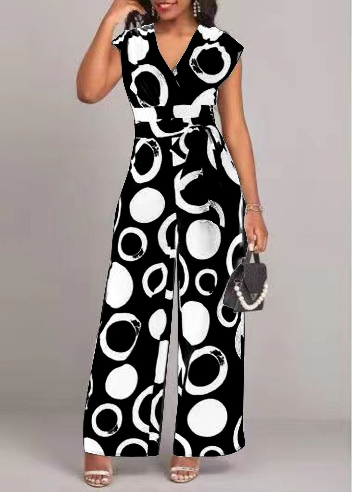 Dame Mode Wide-Leg Jumpsuit med bindebånd og grafisk mønster Stilla