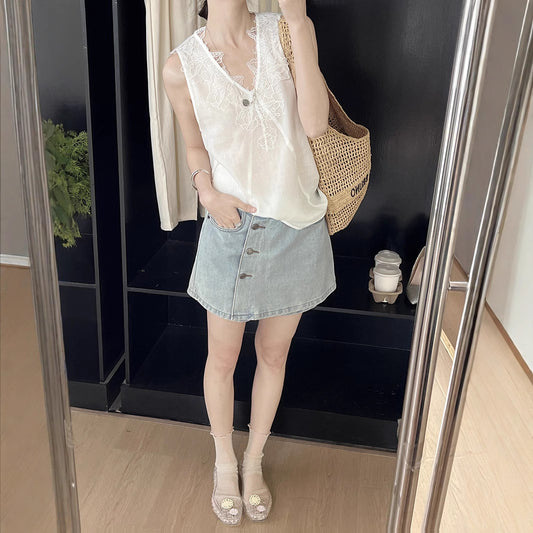 Dame Denim-shorts med knaplukning og let vintage-look Stilla