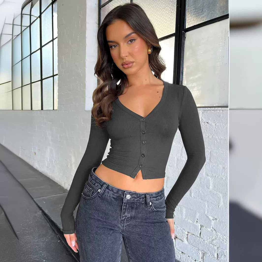 Dame cropped rib-top med knaplukning og dyb V-hals Stilla