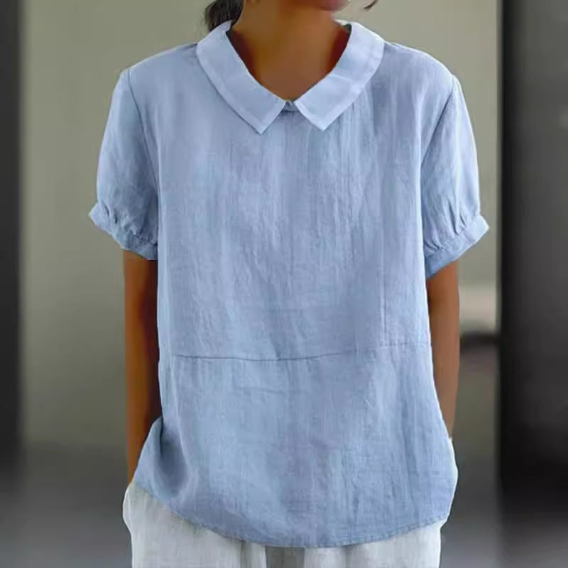 Dame afslappet bluse i let hørstof med elegante kraver Stilla