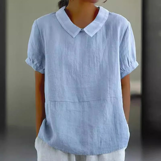 Dame afslappet bluse i let hørstof med elegante kraver Stilla