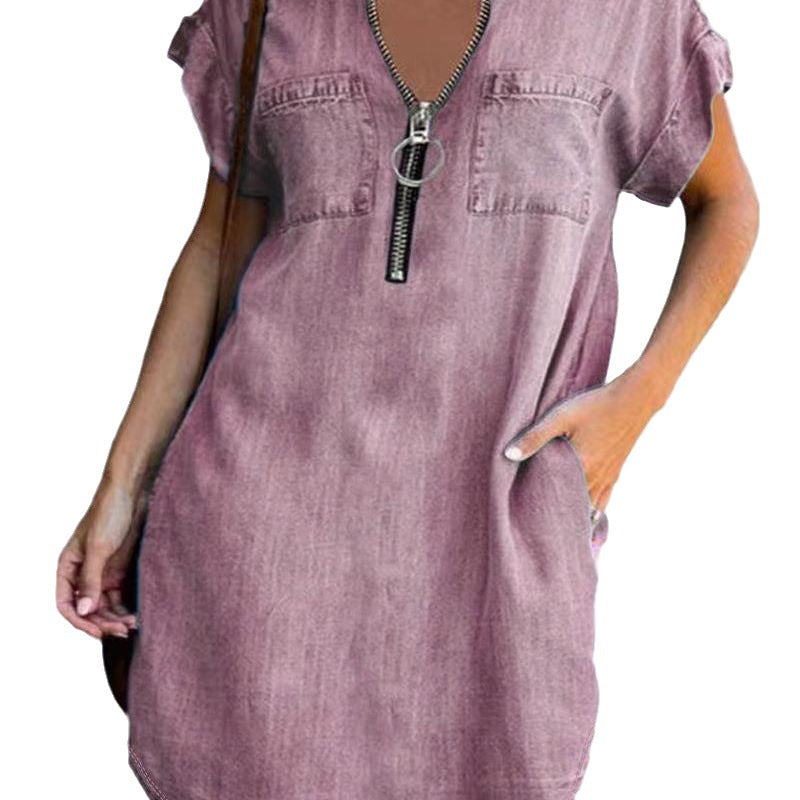 Dame Denim-kjole med kort ærme og lynlås Stilla