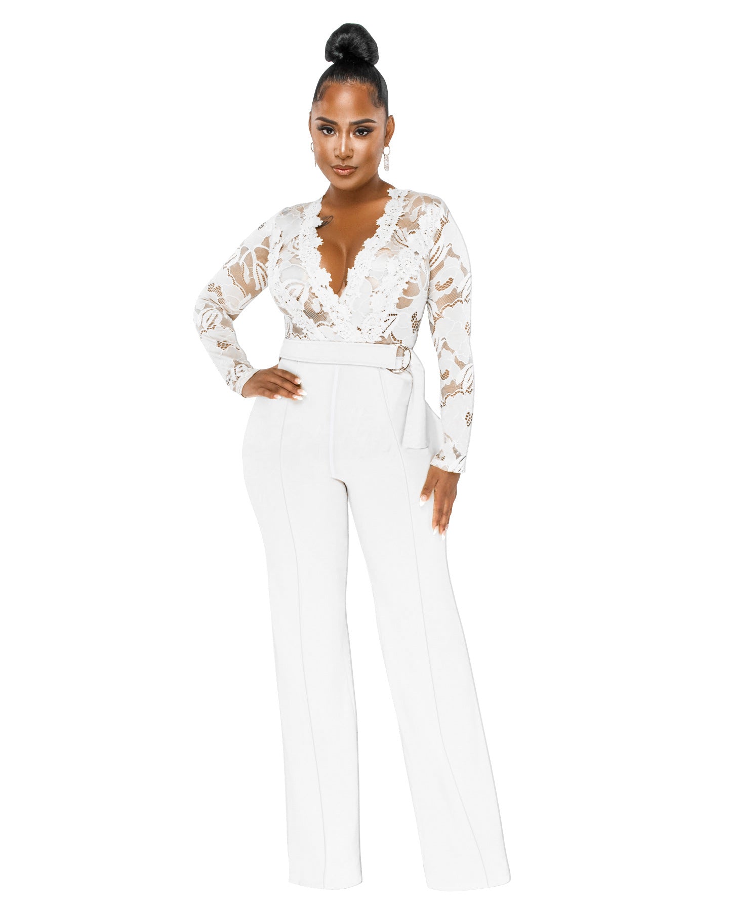 Dame Elegant Jumpsuit med dyb V-udskæring og blonde Stilla