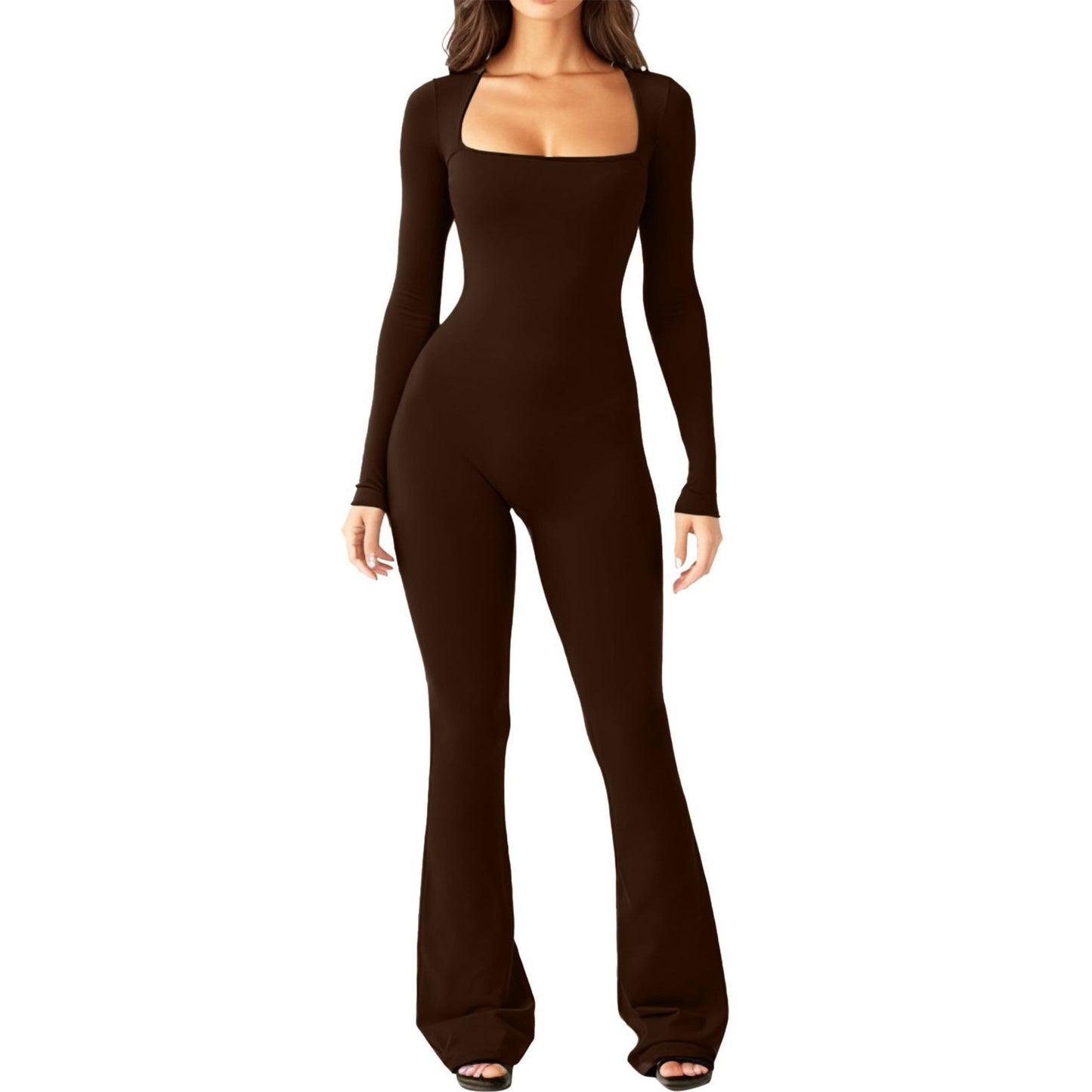 Dame moderne langærmet jumpsuit med dyb udskæring og udvidet ben Stilla