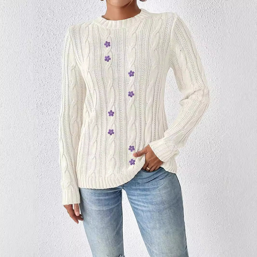 Damer Stor strikpullover med dekorative blomsterapplikationer Stilla