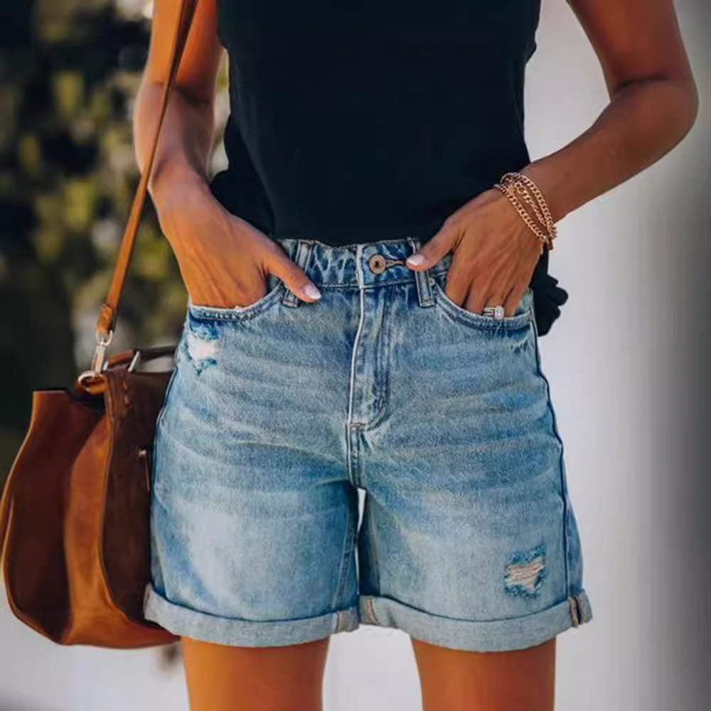 Dame denim shorts med afslappet pasform og frynset afslutning Stilla