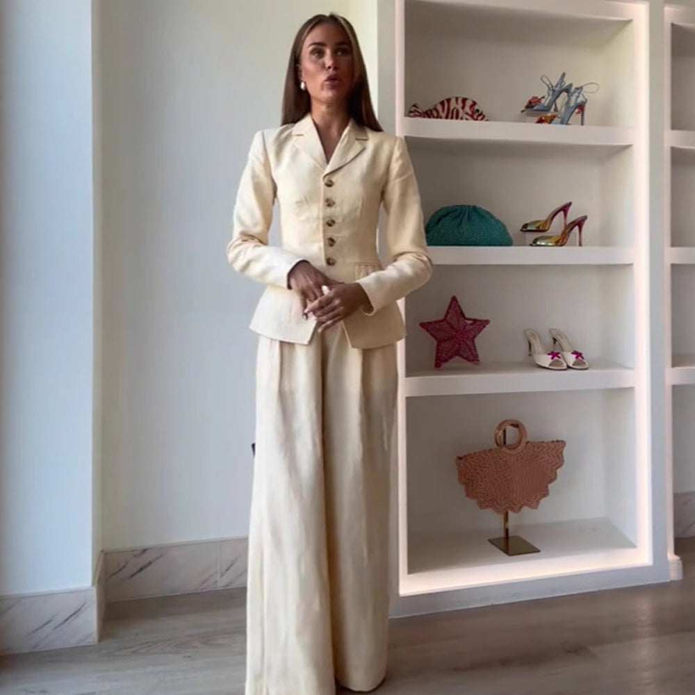 Dame elegant buksedragt sæt med figursyet jakke og bredt skåret bukser Stilla