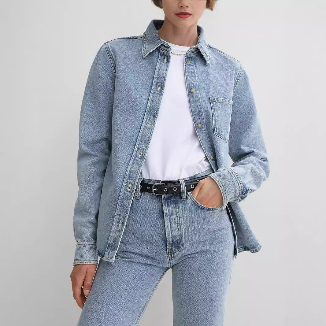 Dame Denim skjortejakke i klassisk snit med dekorative syninger og praktiske lommer Stilla