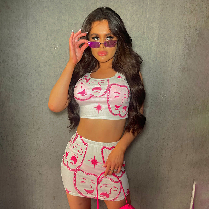 Dame Crop-Top og Nederdel Sæt med kreativt Teater-tryk Stilla