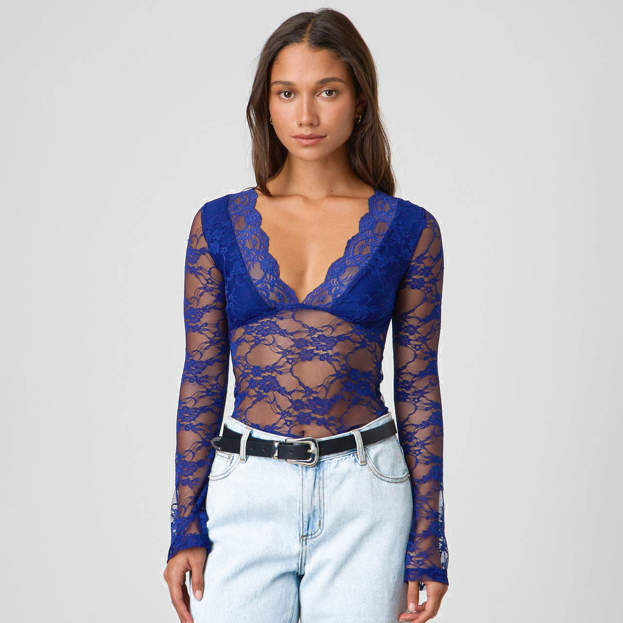 Femme Gennemsigtigt Spidslangærmet Bodysuit Stilla