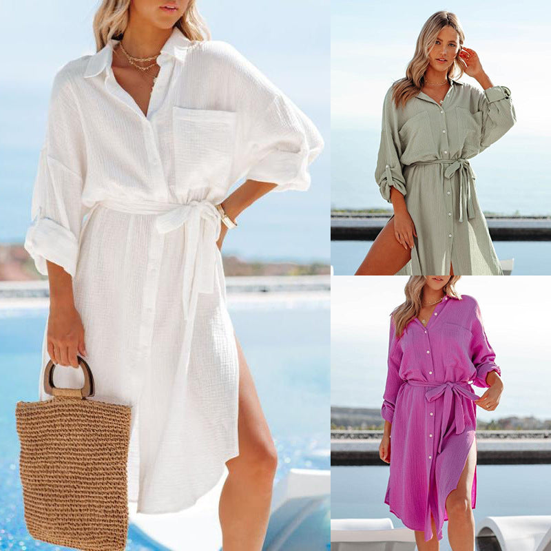 Dame afslappet skjortekjole med taljebælte og knapdetaljer Stilla