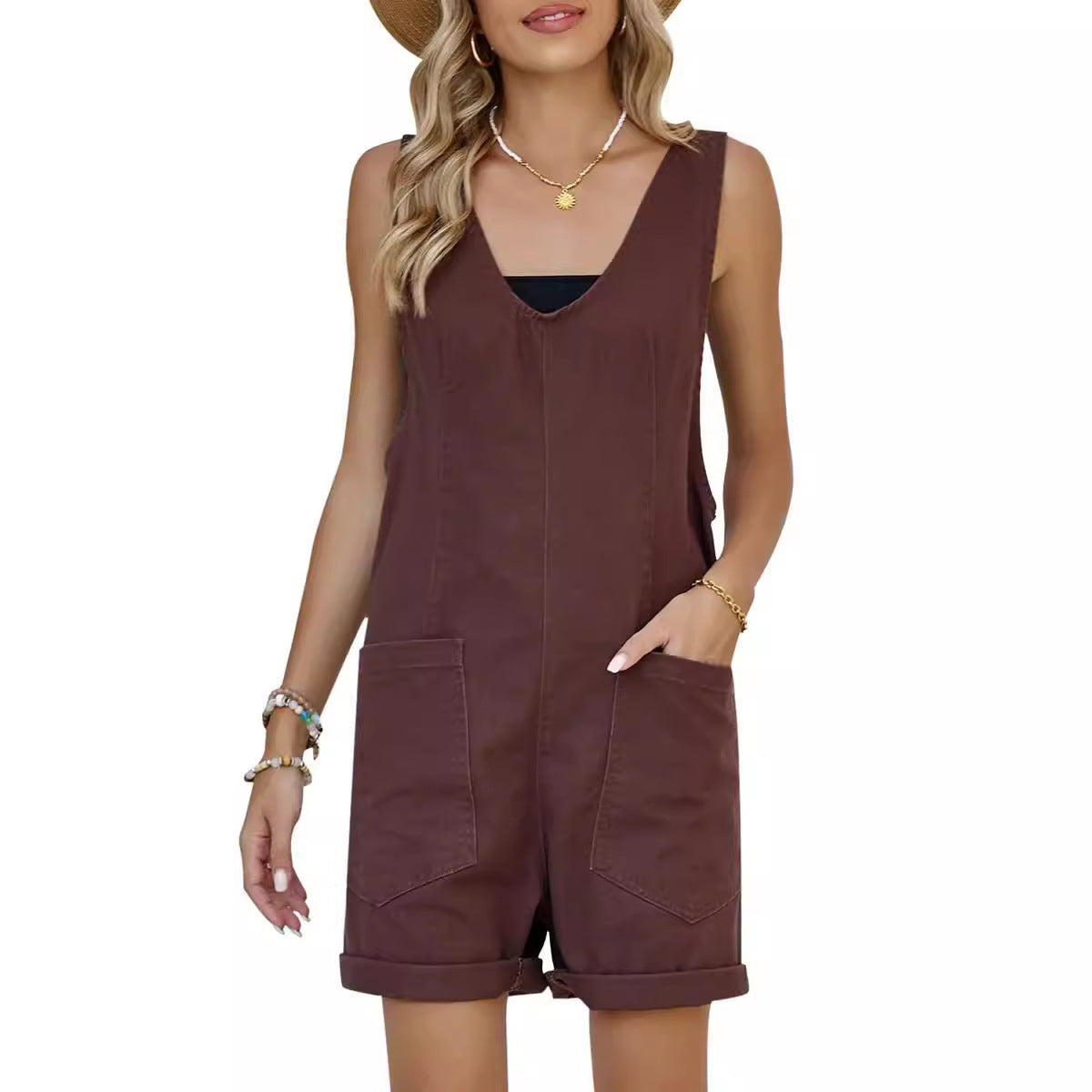 Dame afslappet Denim-overall med dyb V-udskæring og praktiske lommer Stilla