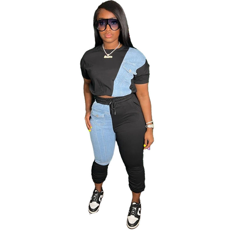 Dame Denim-Mix Joggingdragt med cropped top og elastisk talje Stilla