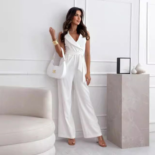 Dame Elegant Jumpsuit med dyb V-udskæring og taljebælte Stilla