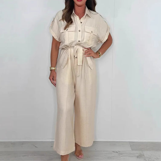 Dame bomulds jumpsuit med smart krave og praktiske lommer Stilla