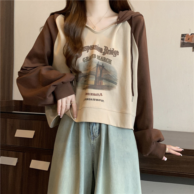 Dame Cropped Graphic Hoodie med Vintage Kunstværk Stilla