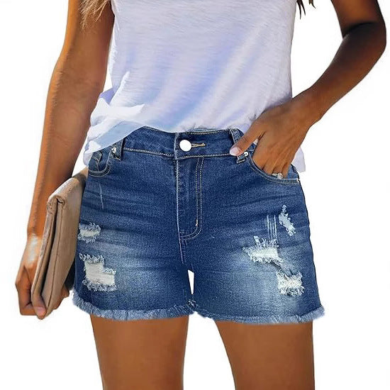Dame Distressed Denim-Shorts med frynset kant og afslappet look Stilla