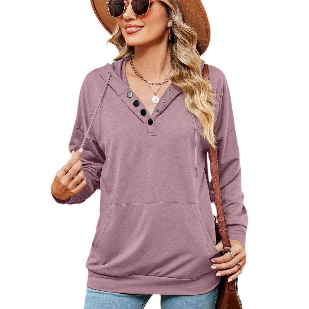 Dame afslappet hoodie med knapdetalje og kængurulomme Stilla