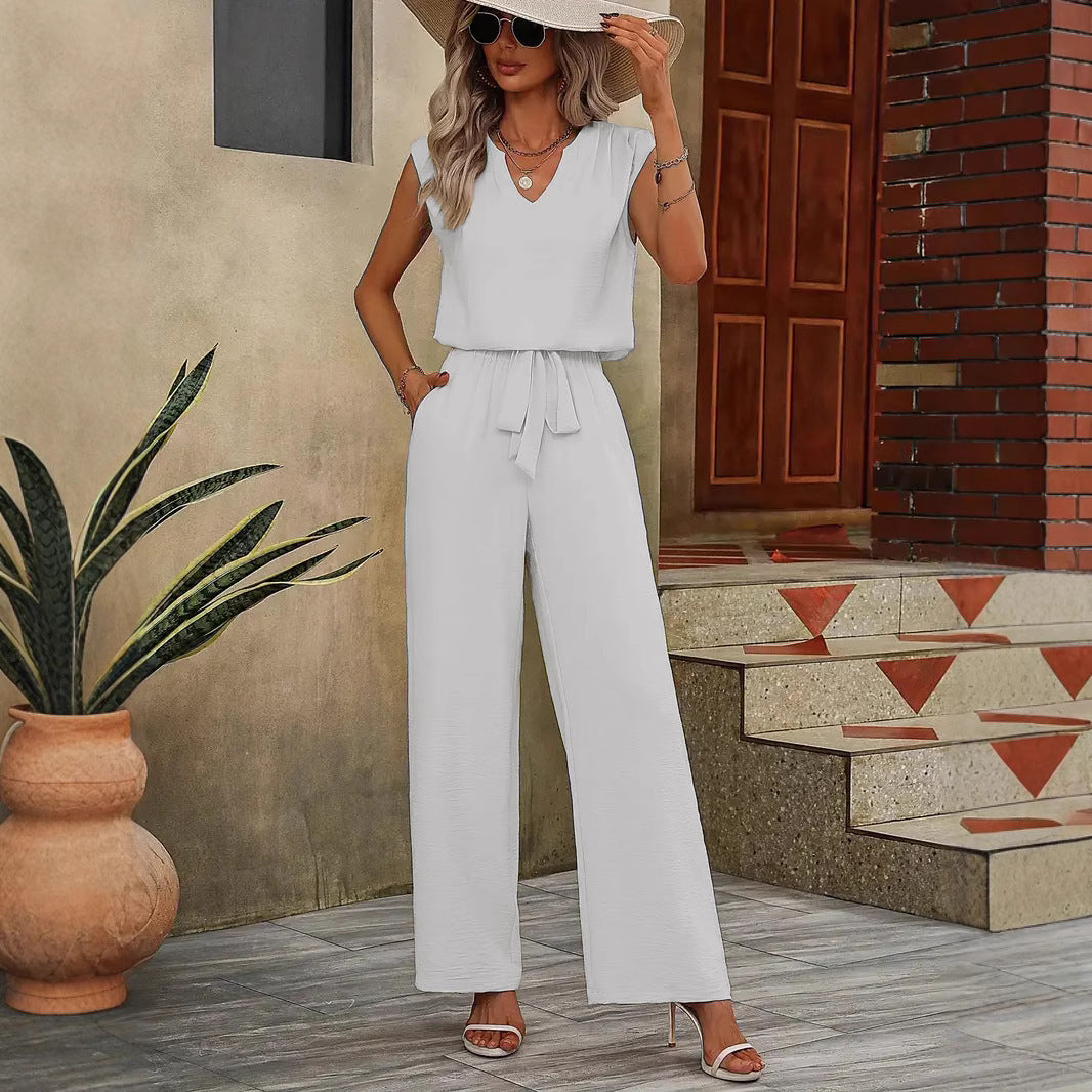 Dame Elegant Jumpsuit med vidde ben og V-udskæring Stilla