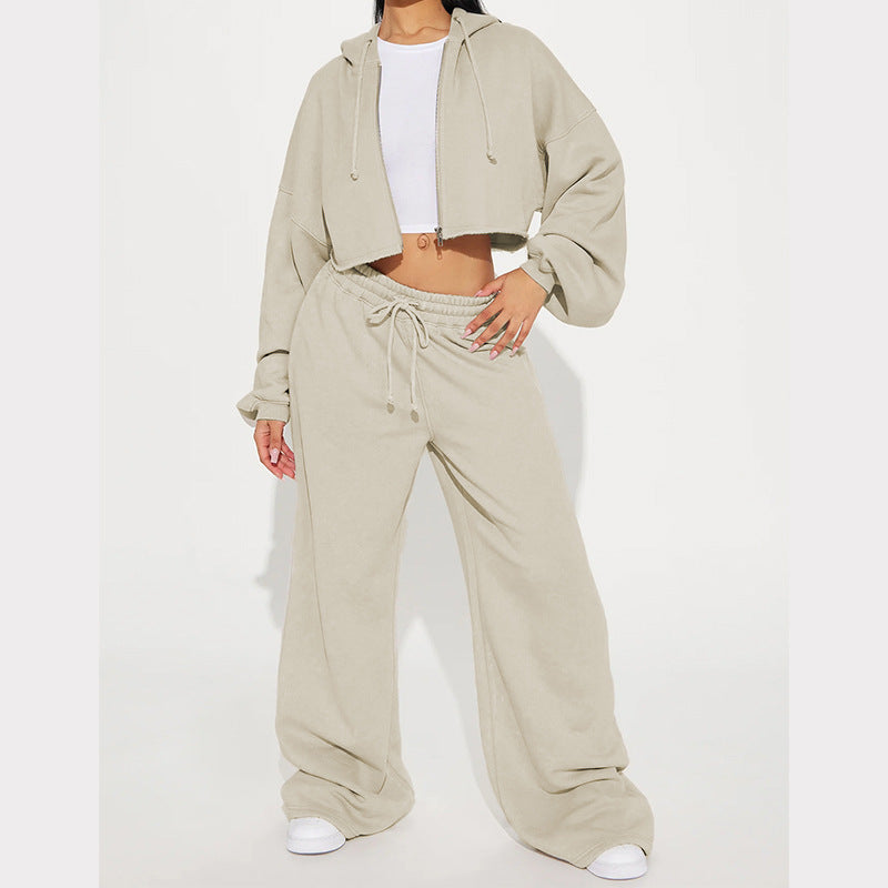 Dame afslappet oversized cropped sæt med lynlås og brede ben Stilla