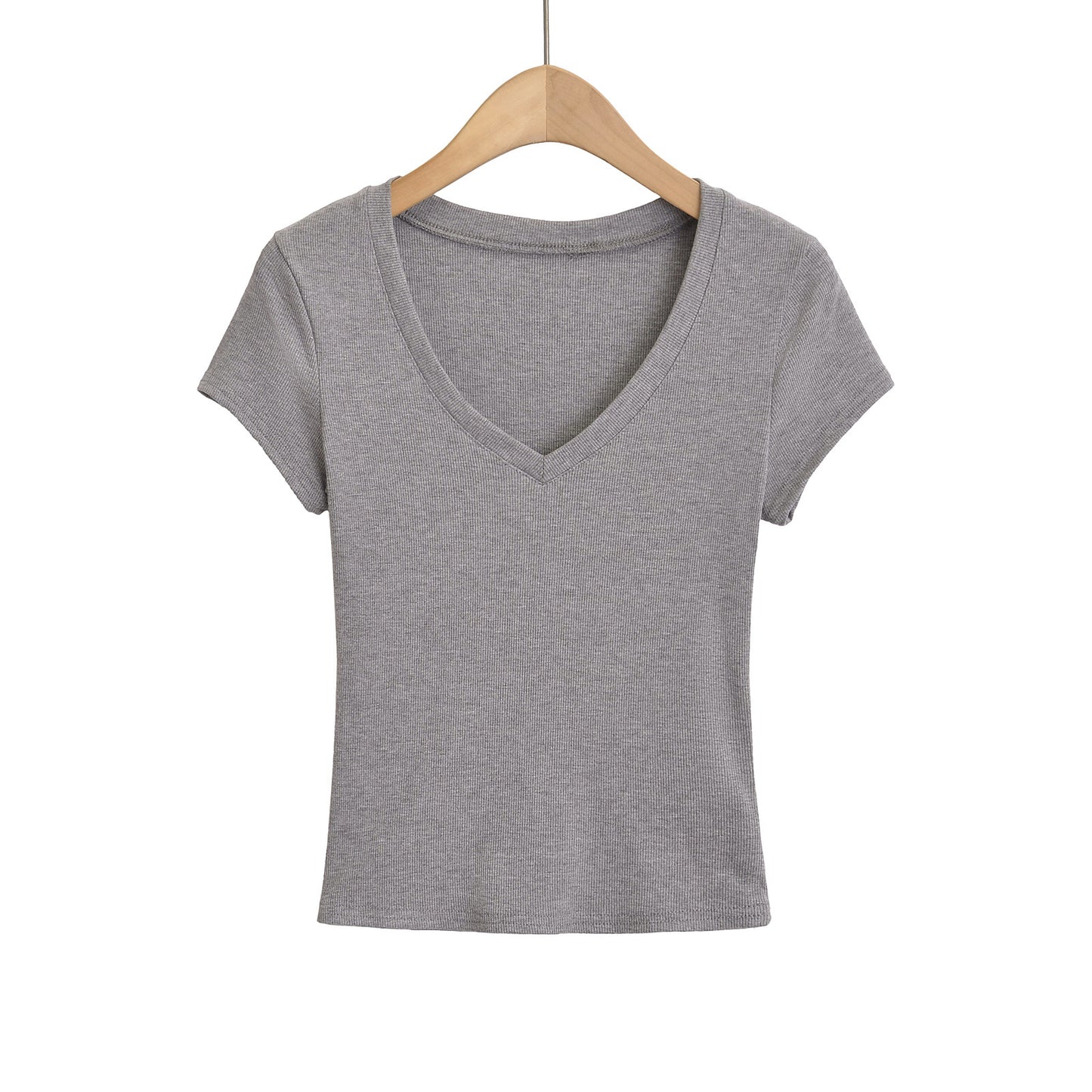 Dame cropped V-hals T-shirt i ribdesign med tætsiddende snit og korte ærmer Stilla