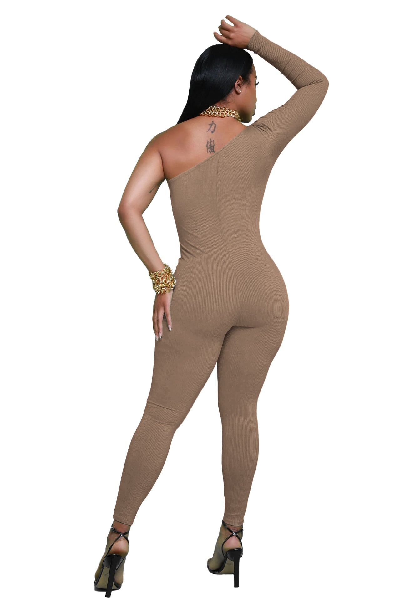 Dame Asymmetrisk Langærmet Jumpsuit i ribbet materiale Stilla