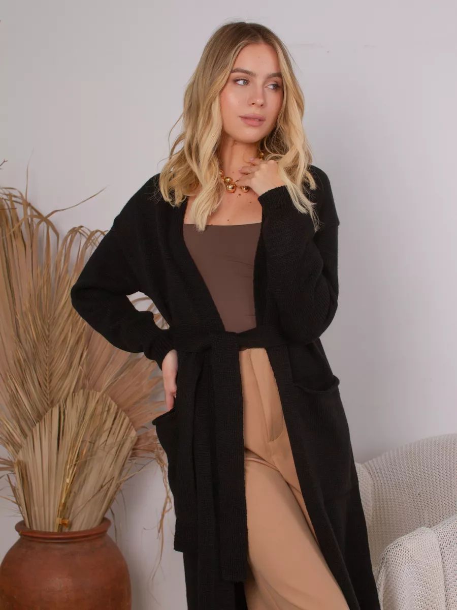 Dame elegant cardigan med talje bælte og dybe lommer Stilla