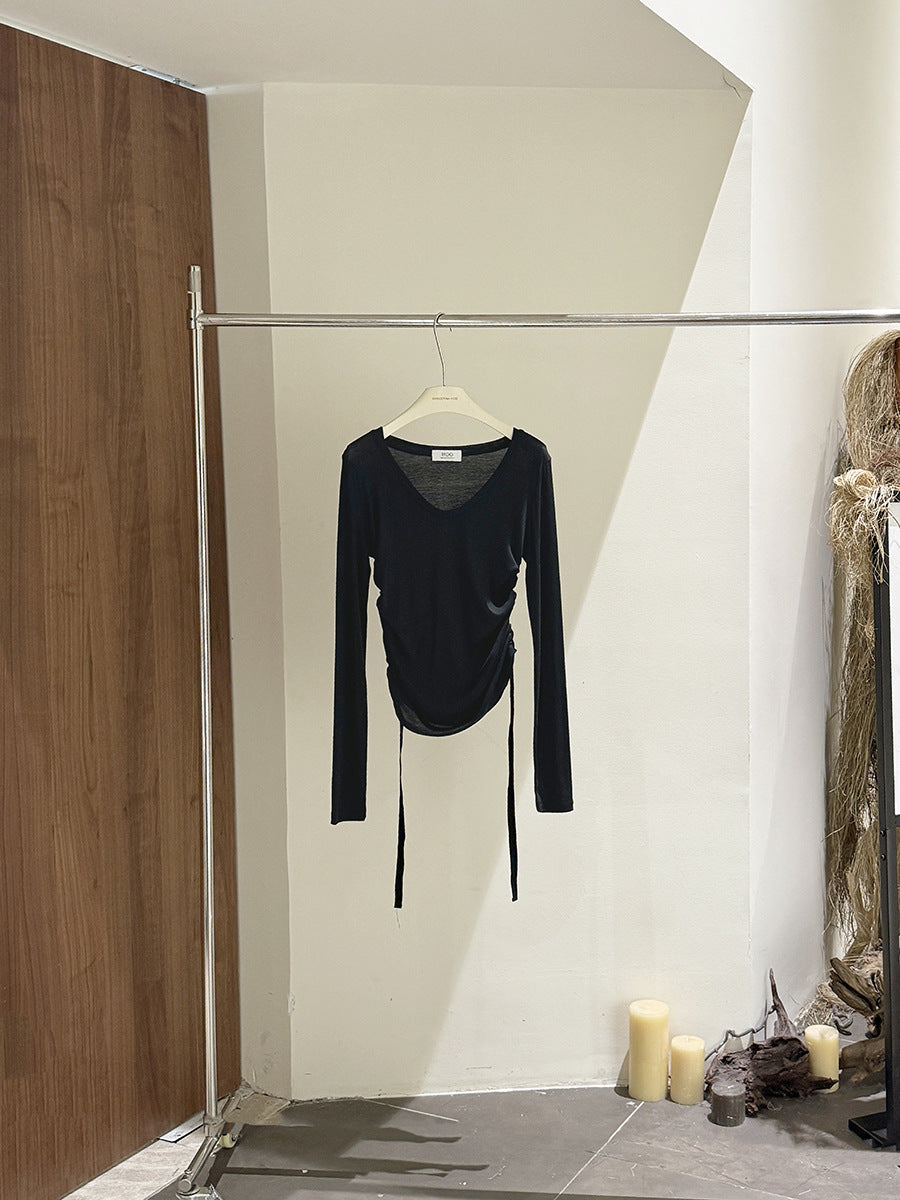 Dame afslappet langærmet bluse med rynker og bindebånd Stilla