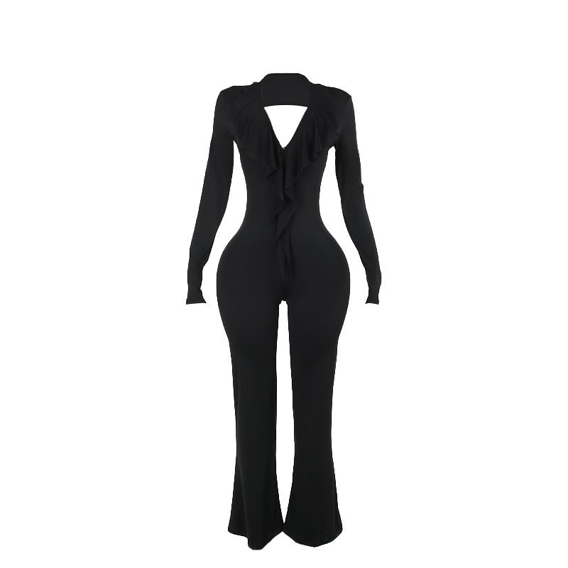 Dame Jumpsuit med dyb V-hals og bredt skårede ben Stilla