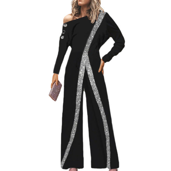 Dame En-sidet Off-Shoulder Jumpsuit med Glitterstriber Stilla