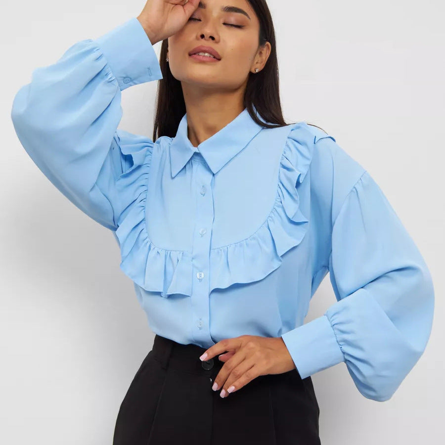 Dame elegant bluse skjorte med flæser og blød bomuldsstof Stilla