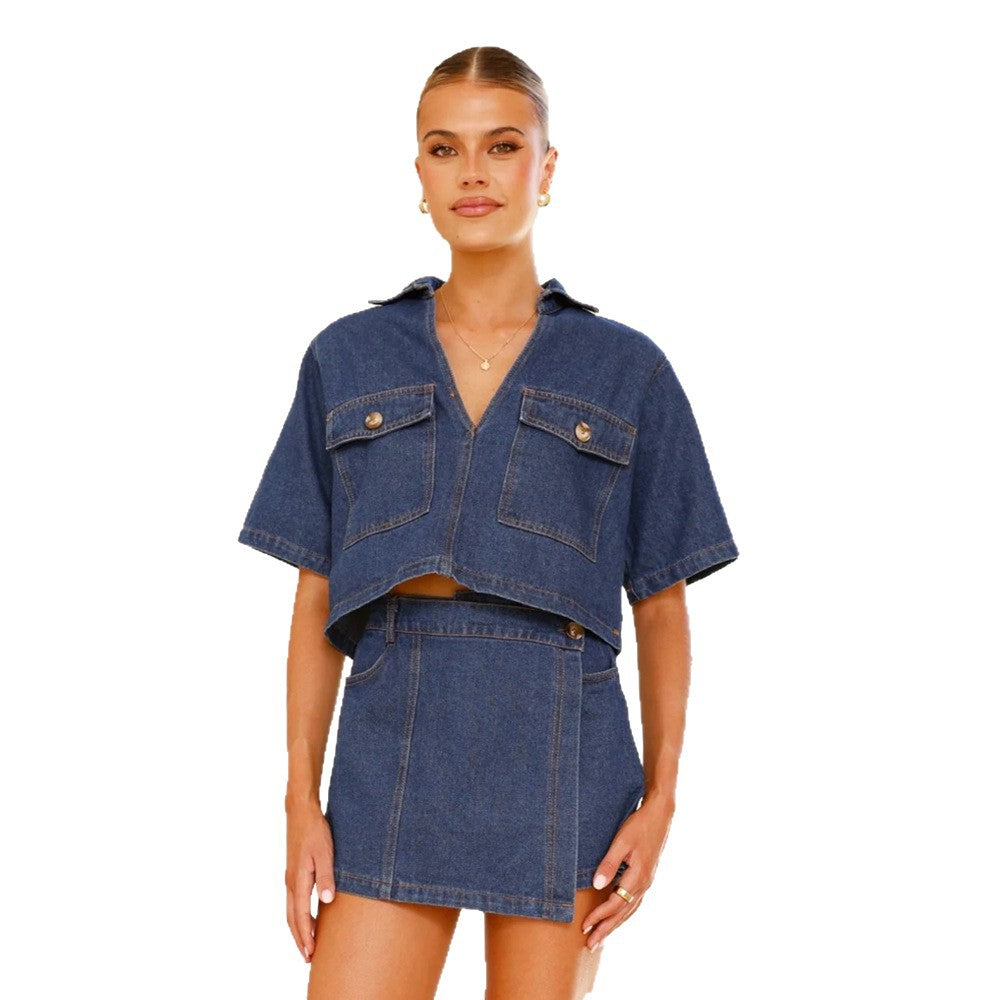 Dame Crop-Top og Mini nederdel sæt i denim-look Stilla