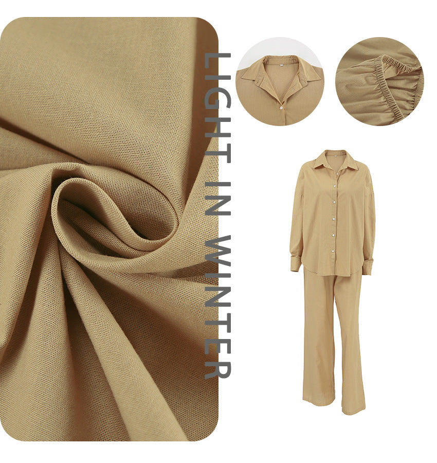 Dame afslappet linned skjorte og palazzo bukser sæt Stilla