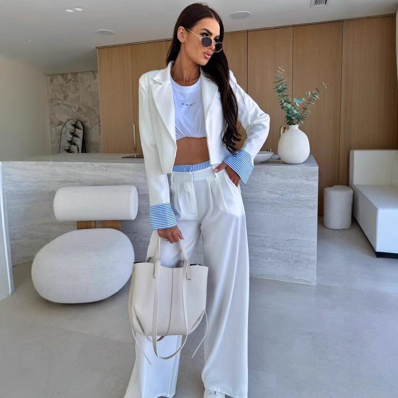 Dame cropped blazer og bred bukser sæt Stilla