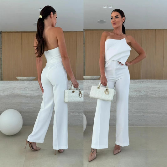 Dame elegant jumpsuit med asymmetrisk overdel og bred ben Stilla