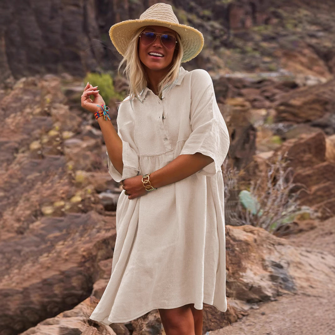 Dame afslappet skjortekjole med knaplukning og let, åndbart stof Stilla