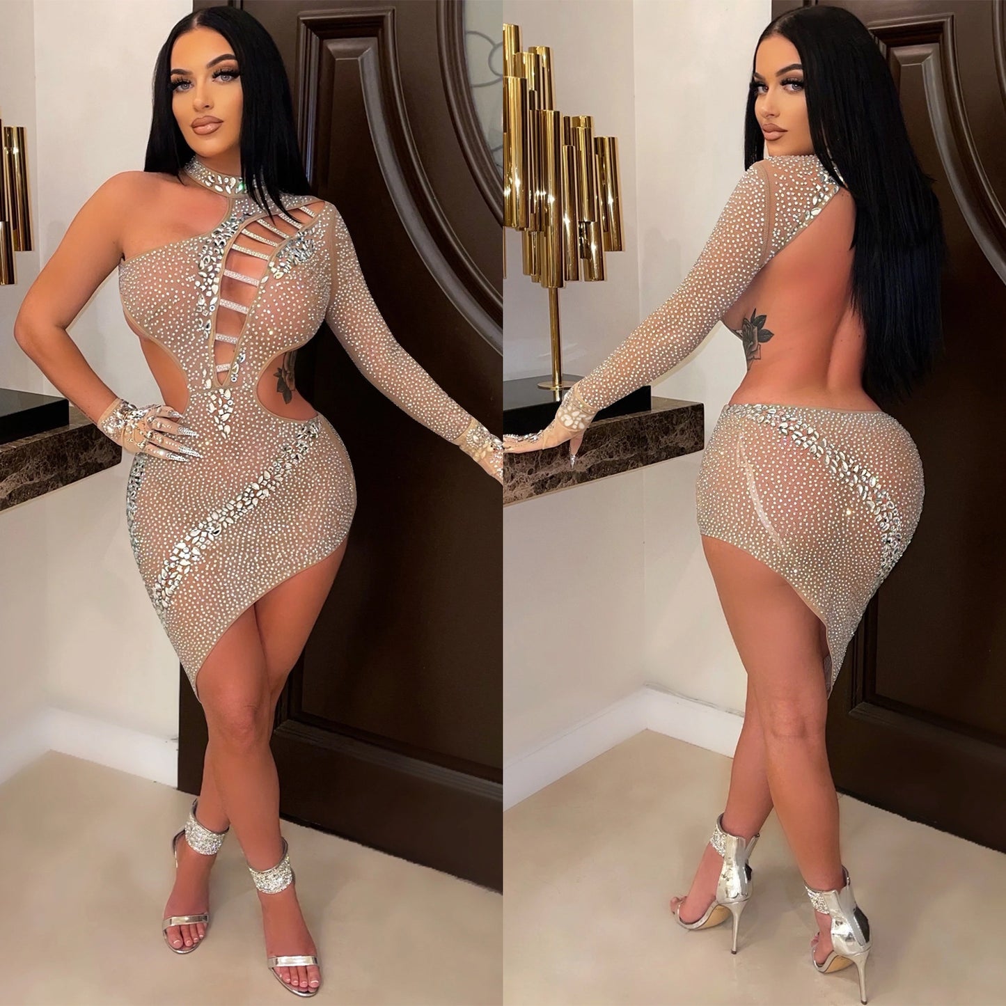 Dame Cut-Out Minikjole med asymmetrisk design og glitrende pailletter Stilla